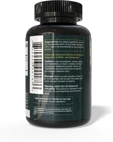 Vista 5 de NutriFlair Suplemento liposomal NAD+ con resveratrol 1000 mg por porción, 60 cápsulas – Alta absorción, sin OMG, fabricado en Estados Unidos