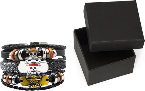 Vista 5 de Nuahyaz Pulseras de cuero de anime Sombrero de paja Luffy cráneo regimiento Pulsera de aleación punk, regalo de joyería de cosplay para fanáticos