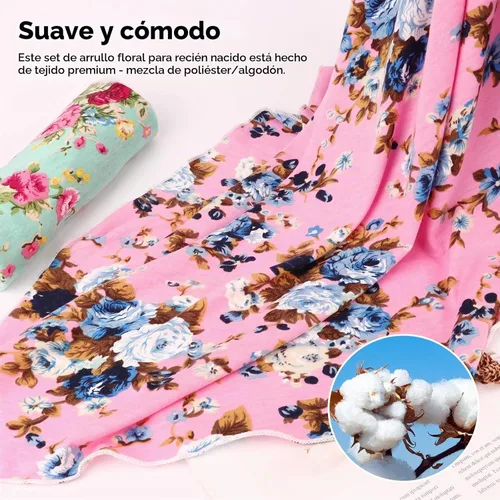 Vista 7 de DRESHOW BQUBO Manta de Recepción para Recién Nacido con Conjunto de Gorro con Lazo Estampado de Flores Manta Envolvente para Bebé con Gorro