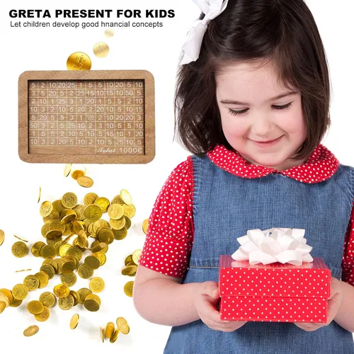 Vista 2 de Caja de dinero de madera, 6.7 x 4.9 x 2.8 in, caja de dinero con contador para no abrir caja de dinero para niños, objetivo de ahorro para niños