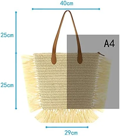Vista 7 de Women Large Fringe Straw Woven Shoulder Bag Summer Beach Top-Handle Bag Travel Tote