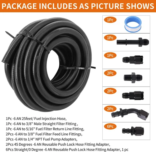 Vista 7 de Kit de línea de combustible de PTFE de 25 pies, manguera de combustible 6AN 3/8 pulgadas, línea de inyección de combustible EFI LS, kit de montaje