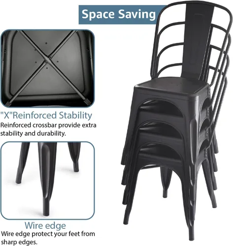 Vista 3 de V&LX Sillas de metal de 33 pulgadas, sillas de comedor de cocina estilo envejecido, sillas laterales apilables con respaldo, juego de 4, color negro