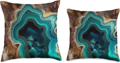 Vista 3 de Aesthetic Agate Minerals Geode Gifts Cojín abstracto de geoda marrón ágata turquesa, 16 x 16, multicolor