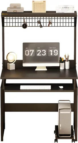 Vista 7 de Escritorio para computadora con gabinete y estantes de almacenamiento, escritorio de 31.5 pulgadas con bandeja para teclado y panel de malla Marrón