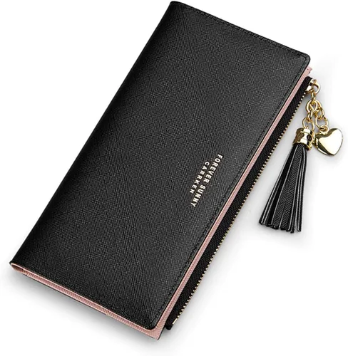 Vista 11 de Sumgogo - Cartera delgada para mujer, cartera larga con borlas, cierre zipper, monedero, bolso de mano, estuche para tarjetas, Rosa, Minimalista