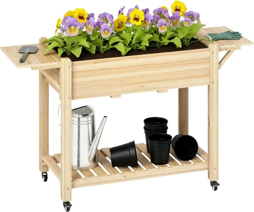 Vista 21 de Outsunny - Jardinera elevada de madera con estante de almacenamiento, orificios de drenaje y forro para el patio trasero, la terraza, el balcón, 47