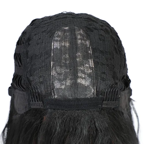 Vista 5 de SWACC Peluca larga y rizada ondulada con flequillo peluca de pelo sintético para mujeres con gorra de peluca (negro)
