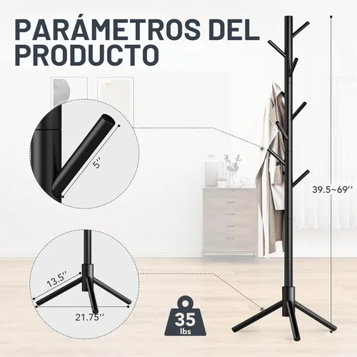 Vista 2 de Perchero de madera independiente con 8 ganchos, fácil montaje, perchero de pino de Nueva Zelanda, 3 tamaños ajustables para ropa, sombreros, bolsas