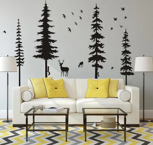Vista 2 de Calcomanías de pared de pino, calcomanías de vinilo de bosque con calcomanías de pared de animales, ardillas y ciervos, decoración de guardería Negro