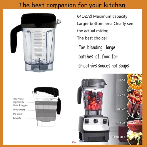 Vista 5 de Licuadora Jarra de 64 oz de bajo perfil, compatible con Vitamix 780 750 7500 5000 5200 Vm0102 Vm0103 Vm0197 E310 Professional/Comercial/Classic