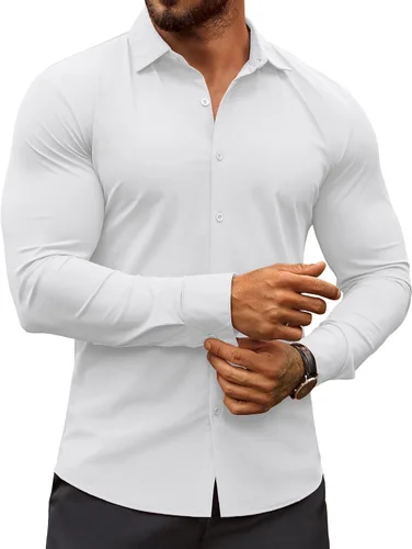 Vista 24 de COOFANDY Camisas de vestir ajustadas para hombre, sin arrugas, manga larga, casuales, con botones Beige