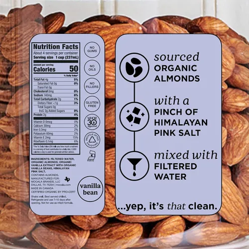 Vista 2 de Mooala Leche de Almendra Orgánica Simple Vainilla - Estable en Estante, Dosis Única, 4 Ingredientes, Sin Gomas, Sin Aceite, Sin Rellenos, Leche a