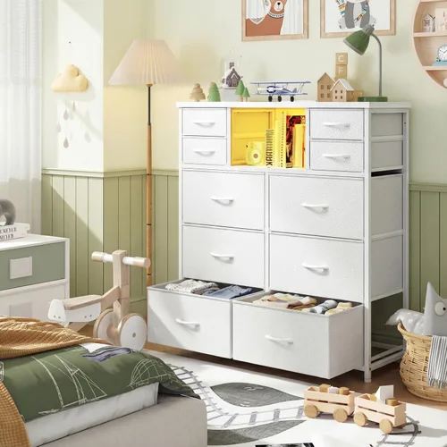 Vista 5 de DurayLoly Cómoda blanca para dormitorio con estación de carga y LED, 10 Blanco