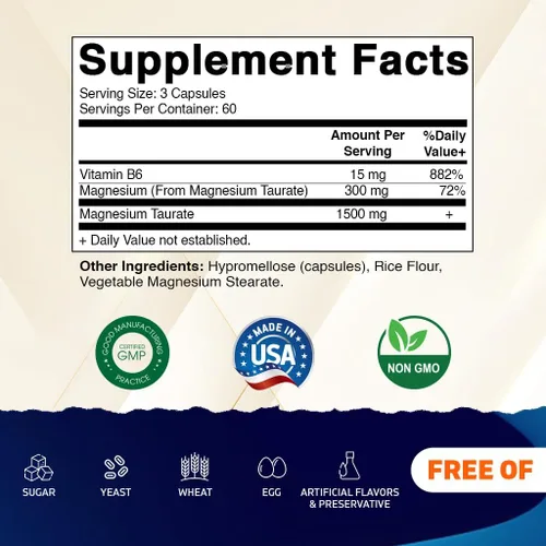 Vista 2 de Vitamatic Taurato de magnesio 1500 mg por porción - 180 cápsulas vegetarianas (proporciona 300 mg de magnesio elemental) - B6 añadido para una