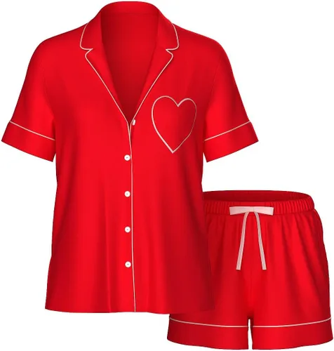 Vista 4 de Victoria's Secret Conjunto de pijama de satén, camiseta de manga corta con botones y pantalones cortos, ropa de dormir para mujer (XS-XXL)