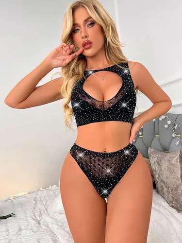 Vista 4 de Milumia Conjunto de lencería de malla recortada con diamantes de imitación para mujer, 2 piezas