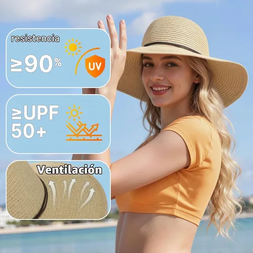 Vista 2 de Sombreros de sol para mujer, protección solar UPF 50+, sombrero de playa Beige