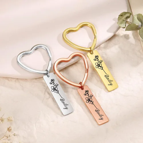 Vista 6 de Llavero con nombre personalizado,Llavero de flor de nacimiento personalizado,Llavero de acero inoxidable,Regalo único de llavero familiar