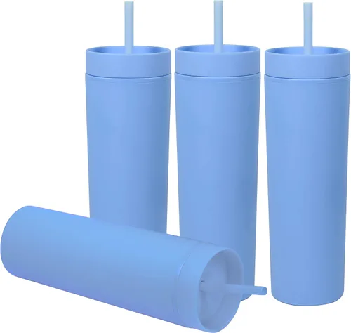 Vista 8 de SKINNY TUMBLERS - Paquete de 4 vasos de acrílico color pastel mate con tapa y popote, perfecto para el hogar, fiestas, viajes, vaso de plástico Negro