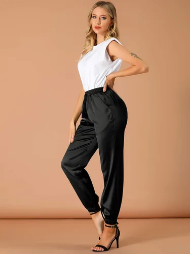 Vista 4 de Allegra K Pantalones deportivos de satén con cordón elástico para mujer, longitud al tobillo, con bolsillo