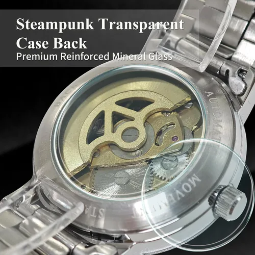 Vista 12 de Gute IK - Reloj automático para mujer, Steampunk con cuerda automática, pulsera plateada mecánica