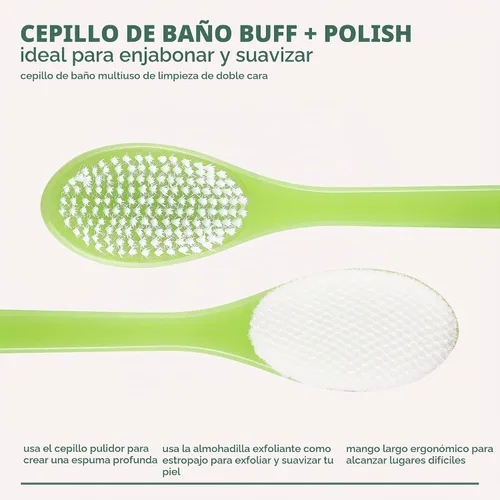 Vista 2 de EcoTools Buff + Cepillo de baño pulido, mango largo para limpiar y exfoliar la espalda y zonas difíciles de alcanzar, cepillo de ducha ecológico que