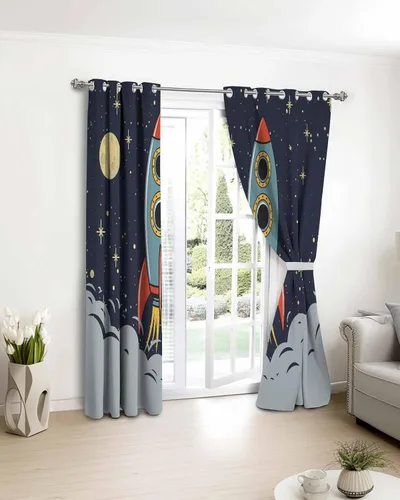Vista 8 de Cortinas de 45 pulgadas de largo para sala de estar, dormitorio, oscurecimiento de la habitación, espacio exterior, exploración del espacio, cohete