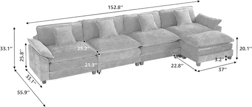 Vista 220 de Sofá seccional modular verde de 111.5", sofás seccionales grandes de 3 plazas para sala de estar, sofá nube oversized de tela chenille con otomana