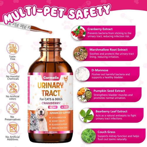 Vista 2 de Gotas de apoyo del tracto urinario para gatos y perros con arándano - Salud de riñones y vejiga - Suplemento natural para el bienestar