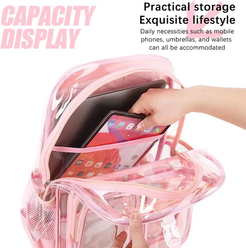 Vista 5 de Mochila transparente para escuela, resistente de PVC, transparente, bolsa transparente para libros aprobada por estadios, mujeres y niñas, Rosado