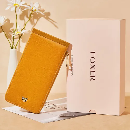 Vista 7 de FOXLOVER Cartera de cuero con bolsillo con cremallera para mujer con bloqueo RFID, Amarillo, Classic