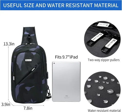 Vista 35 de DUSLANG Mochila de hombro para senderismo, bolsa cruzada para hombres, bolsas de pecho con puerto de cargador USB para campamento casual, ciclismo