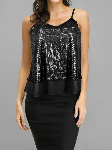 Vista 8 de SATINIOR Camiseta sin mangas de lentejuelas brillantes para mujer, chaleco de lentejuelas brillantes, chaleco de lentejuelas para fiesta de Navidad