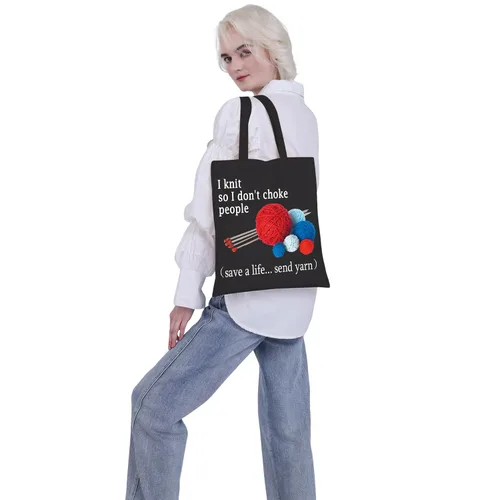 Vista 5 de VAMSII I Knit so I Don't Choke People Tote Bag Funny Knitting Lover Gifts Bolsa de hombro Bolsa de almacenamiento de hilo para regalo, Bolsa