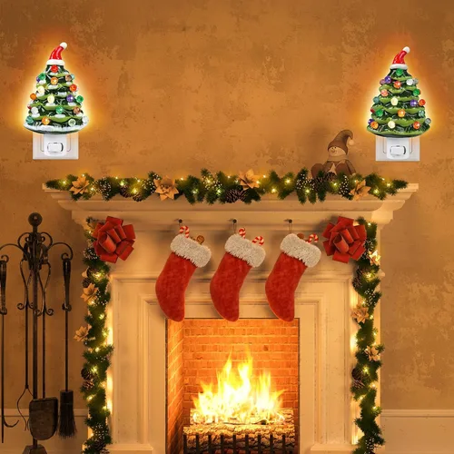 Vista 3 de Luz nocturna de cerámica para árbol de Navidad, paquete de 2 luces nocturnas de Navidad con enchufe de 6.3 pulgadas, árboles de Navidad de cerámica
