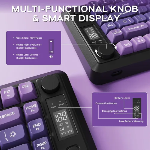Vista 4 de Teclado inalámbrico para juegos M75, membrana mecánica con perilla y pantalla OLED Bluetooth2.4Ghz Rainbow Backlit Gradient PBT Keycaps 2000mAH