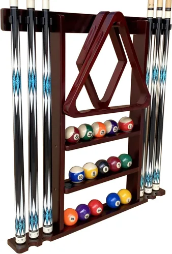 Vista 8 de Soporte de pared para tacos de billar de madera maciza para 6 tacos con almacenamiento completo de bola, 4 soportes para tacos, estantes de bolas