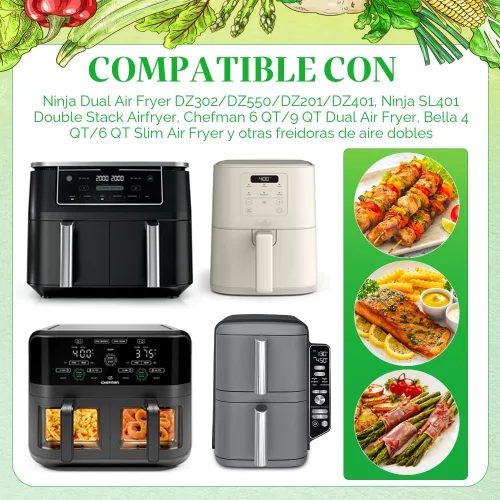 Vista 3 de BYKITCHEN 300 piezas de revestimientos para freidora de aire para Ninja Dual Airfryer, papel pergamino desechable rectangular para freidora de aire