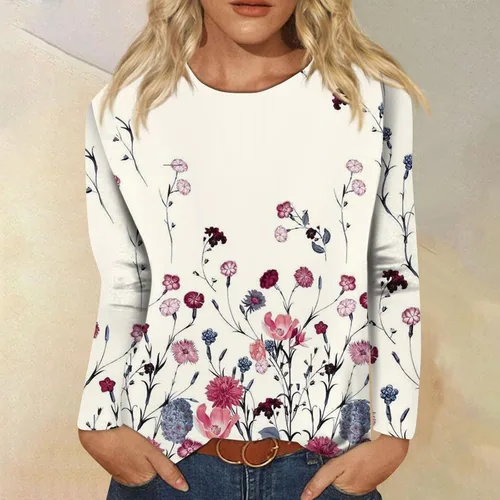 Vista 2 de Camisas para mujer, blusa casual de manga larga con estampado de cuello redondo