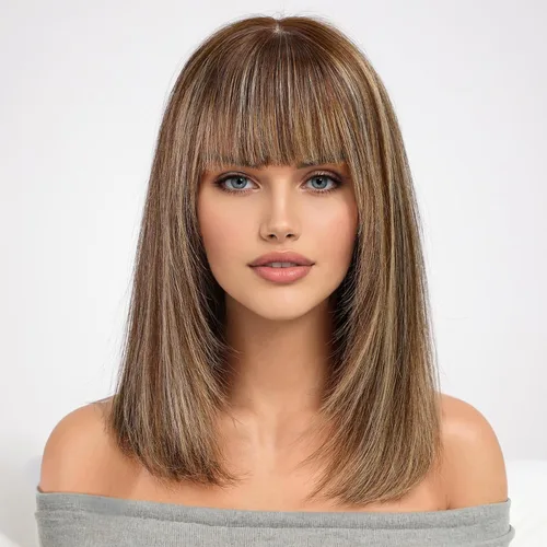 Vista 13 de KKU Pelucas de cabello humano de 16 pulgadas para mujer, peluca de cabello lacio en capas con flequillo, realismo natural, pelucas de cabello real