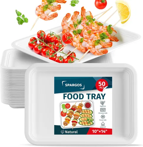 Vista 8 de SPARGOS Paquete de 100 bandejas desechables resistentes de 14 pulgadas para alimentos, bandejas de cangrejo, platos de papel rectangulares, platos