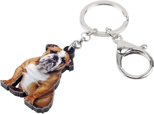 Vista 2 de BONSNY Llaveros de bulldog británico marrón acrílico, llavero para coche, bolsas, amantes de las mascotas, regalos de animales de perro