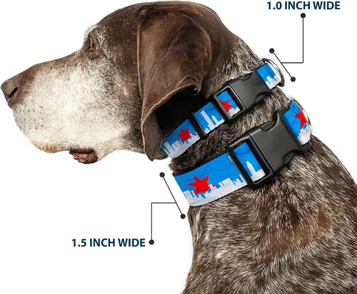 Vista 2 de Buckle-Down Collar de clip de plástico, diseño de Chicago Skyline/Flag Distressed Black/White/Red – 1 pulgada de ancho – Se adapta a cuello de 9 a