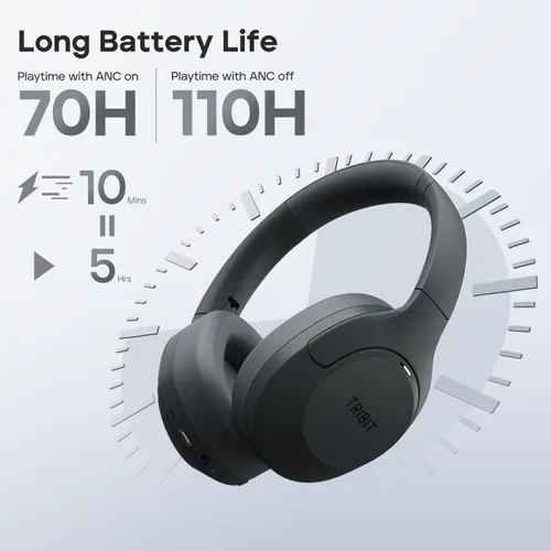 Vista 3 de Tribit QuietPlus 81 Wireless Over-Ear Headphones, 110H Playtime, Black