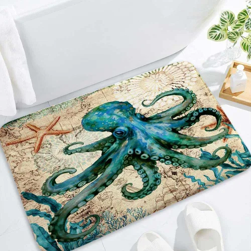 Vista 4 de Boziqr Alfombra de baño náutica vintage de pulpo, alfombra de baño retro océano playa, absorbente de agua, antideslizante, alfombra de ducha