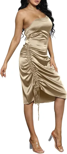 Vista 3 de Vestido de satén para mujer, con tirantes delgados, cordón, fruncido, cóctel, noche, fiesta, club nocturno