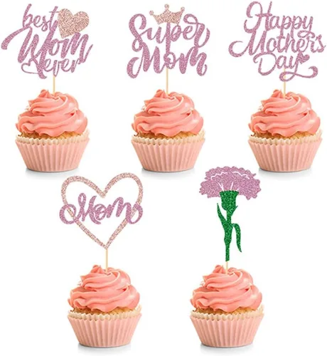 Vista 8 de Decoración para cupcakes para el Día de la Madre, 24 piezas con purpurina para fiesta de cumpleaños, suministros de cartón y bambú de primera calidad