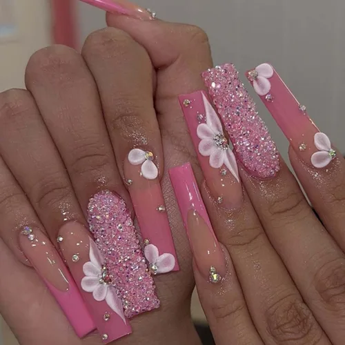Vista 17 de Uñas postizas francesas a presión, uñas postizas largas de acrílico con forma de ataúd de cobertura completa, uñas postizas de bailarina