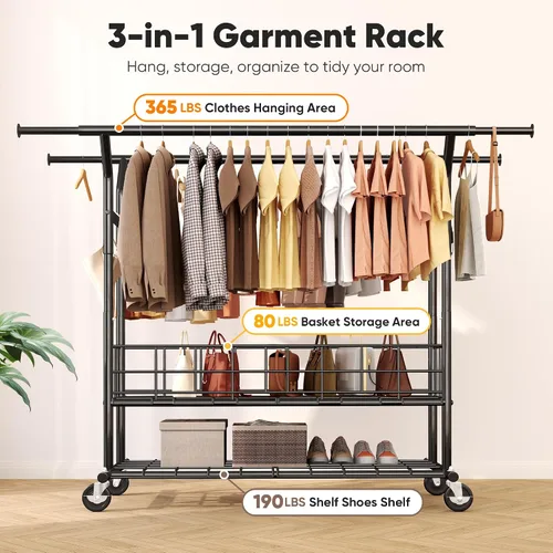 Vista 2 de HOKEEPER Perchero resistente con carga de 635 libras, perchero para colgar ropa, barra doble ajustable negra con cesta de metal, perchero portátil